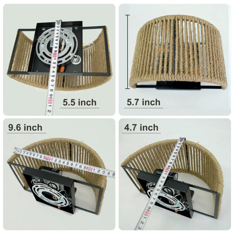 Rattan Wall Sconce Boho Light Fixture Hand Woven Hemp Rope Sconce Lighting showing various dimensions and construction angles