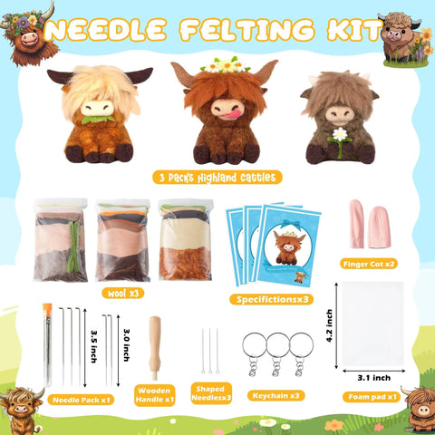 Awesome Three Pack Needle Felting Kit For Beginners With Wool Felt Tools Foam Pad Wooden Handle And Included Needles Finger Cots Instructions And Highland Cow Keychains For DIY Home Decor And Party Crafts displayed with contents.