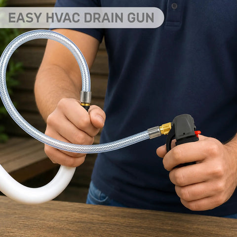 Knock The Gunk Right Out Of Your AC System With This Tough CO2 Drain Gun holding a flexible hose for HVAC cleanup.