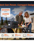 Hella Reliable Portable Solar Power Station 2400W 2048Wh next-gen design used by couple outdoors during camping.
