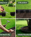 Four-step illustration of using 1.5 Inch Tall Garden Edging Kit With 40 Ft Flexible Landscape Coil And 40 Spikes for easy installation.