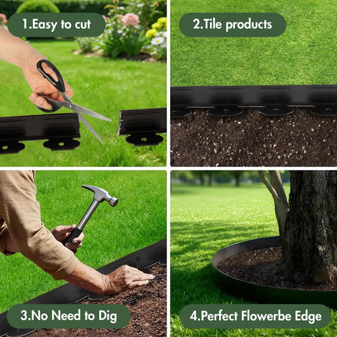 Four-step illustration of using 1.5 Inch Tall Garden Edging Kit With 40 Ft Flexible Landscape Coil And 40 Spikes for easy installation.