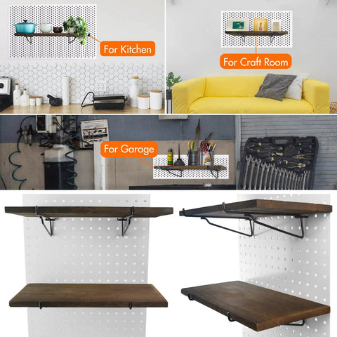 Two Pack Wooden Pegboard Shelves With Pro Grade Brackets and Thick Pegboard Hooks, showing cedar shelves in multiple rooms.