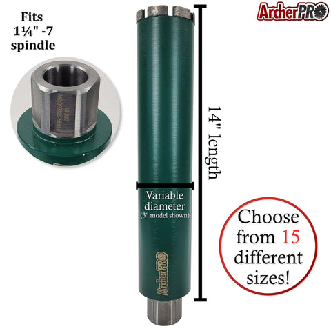 Archer PRO 14-inch variable-diameter diamond core drill bit with V-tip; green housing; fits 1¼–7 spindle.