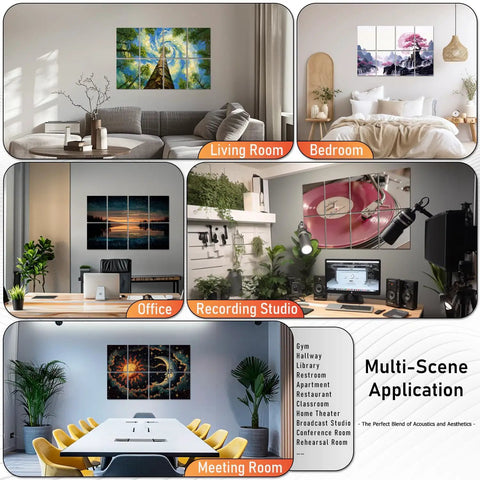 Badass Sound Absorbing Wall Panels High Density Acoustic Foam Tiles Pro Grade Noise Dampening Decor For Home Studios in various room settings.