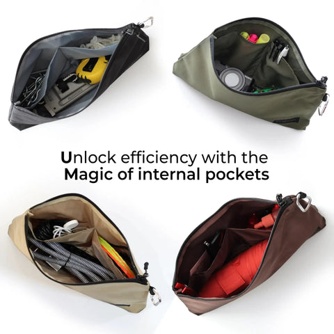 Heavy Duty Tool Pouch Set Large 12 Inch Zipper Bags With Flat Bottom YKK Zippers 3 Pack multipurpose canvas organizer filled with items
