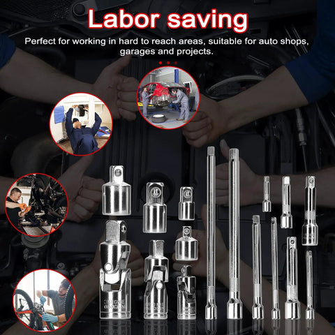 Top Notch 16 Piece Chrome Vanadium Socket Adapter Kit With Tough Extension Rods And Universal Joints For Pro Auto Shops And Home Garage Projects That Get The Job Done Super Fast, chrome vanadium socket adapters and extension rods