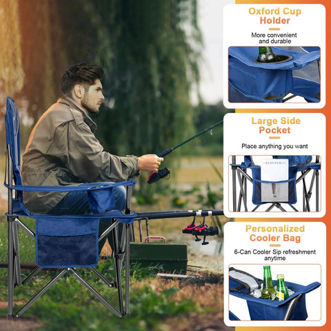 Man fishing on oversized camping chair with heavy duty 500 lb capacity, padded armrests, cup holder, cooler bag, folding outdoor use