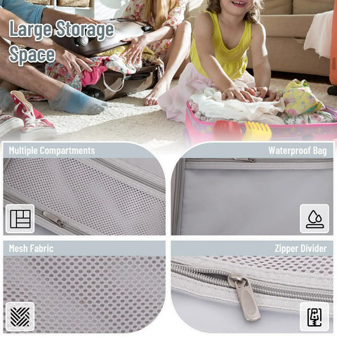 Underseat Carry On Luggage For Kids With Wheels TSA Approved Ride On Suitcase showing mesh fabric, waterproof interior, and zipper divider.