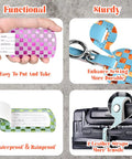 Leather Luggage Tag Set Three Pack TSA Approved Travel Essentials For Women Bag Tags For Luggage With Name Email And Phone Info Easy To Spot Across Long Flights And Airports Gift Worthy displayed with neon checkered design and ID inserts