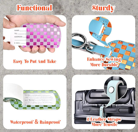 Leather Luggage Tag Set Three Pack TSA Approved Travel Essentials For Women Bag Tags For Luggage With Name Email And Phone Info Easy To Spot Across Long Flights And Airports Gift Worthy displayed with neon checkered design and ID inserts