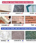 Luomorgo diamond hole saws infographic: shows glass-friendly materials: quartzite, granite, glass, ceramic, brick, tile.