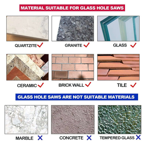 Luomorgo diamond hole saws infographic: shows glass-friendly materials: quartzite, granite, glass, ceramic, brick, tile.