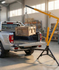 1000 Lb Hydraulic Truck Bed Crane With 360 Degree Swivel Hitch, Three Adjustable Booms, lifting crate in pickup truck, yellow