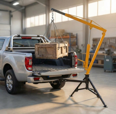 1000 Lb Hydraulic Truck Bed Crane With 360 Degree Swivel Hitch, Three Adjustable Booms, lifting crate in pickup truck, yellow