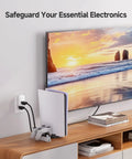 1350 Joules Single Outlet Surge Protector For TV PC Xbox PS5 Refrigerator And More 15A 1875W Wall Surge Protector With 500V Clamping Voltage ETL Listed White Gamer Ready, wall-mounted near TV and gaming console.