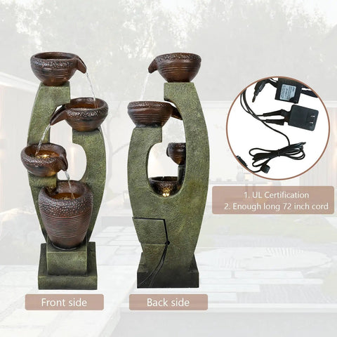 Front view of 40 Inch Tall Outdoor Water Fountain with 4 Tier Crocks and LED Lights, premium resin and fiberglass, weatherproof.