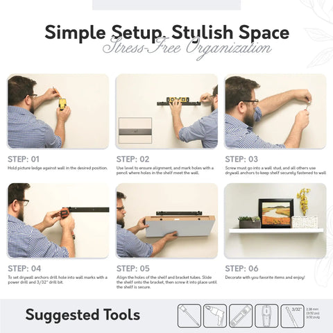 Man demonstrating steps to install Durable Floating Wall Shelf With Hidden Brackets for easy setup and stylish organization.