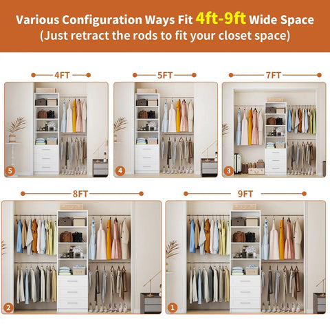 Walk In Closet Organizer Tower With Adjustable Shelves And Four Expandable Hanging Rods, Modular Drawer Closet System In White for Four to Nine Foot Spaces