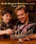 Father and son assembling 3D Wooden Pirate Ship Puzzle Kit With Purple Hull Build A Victorian Steampunk Galleon Epic Home Decor Display Awesome Gift For Adults And Teens Brain Teasing Craft Collectible Sailing Adventure on wooden table, creating memorable moments.