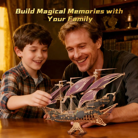 Father and son assembling 3D Wooden Pirate Ship Puzzle Kit With Purple Hull Build A Victorian Steampunk Galleon Epic Home Decor Display Awesome Gift For Adults And Teens Brain Teasing Craft Collectible Sailing Adventure on wooden table, creating memorable moments.