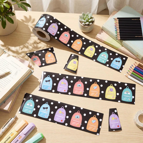 65 Ft Long Backpack Bulletin Board Border Adorbs With Polka Dot Pastel Confetti Design for Classroom Decor rolled on desk
