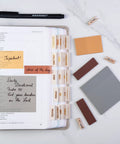See Through Transparent Sticky Notes With Quick Dry Pen Included For Easy Markups Three Size Set With 3 By 3 Inch Big Notes And Small Sticky Tabs Page Flags Clear Bookmarks For Planners Bible Journaling Studying And Office on open book with planner tabs.
