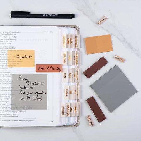 See Through Transparent Sticky Notes With Quick Dry Pen Included For Easy Markups Three Size Set With 3 By 3 Inch Big Notes And Small Sticky Tabs Page Flags Clear Bookmarks For Planners Bible Journaling Studying And Office on open book with planner tabs.