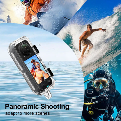 Waterproof Invisible Dive Case For Insta360 X4 Underwater Camera Housing 50m 164ft Clear Shell with surfers background
