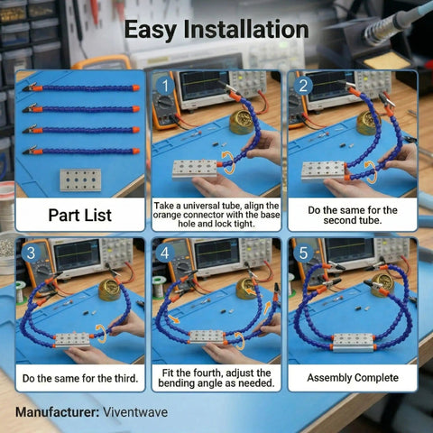 Assembly steps for 4 Arm 11.8 Inch Gooseneck Helping Hands Pro Grade With 360 Degree Rotatable Anti Slip Flat Clamps