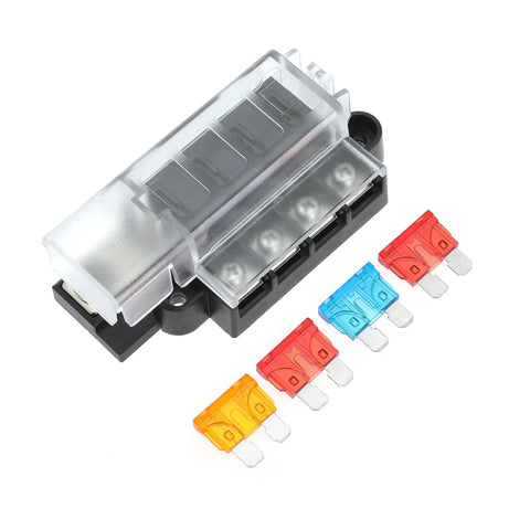 4 Circuit Fuse Block With Marine Cover For ATO ATC Fuses, A Real Workhorse That Handles Up To 100 Amps Per Block, 32V DC, black 4-circuit marine fuse block with cover and ATO/ATC fuses