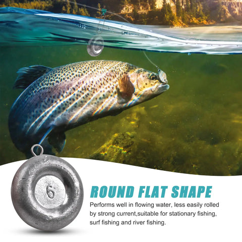 Flat Disc Fishing Sinkers For Saltwater Surf Fishing And Bottom Drifting Coin Shaped Sinker Weights with a trout underwater