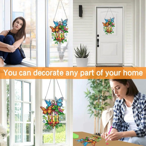 Dope Diamond Painting Kit Hanging Pendant Butterfly Sun Catcher with Rhinestone Lamp Art displayed in various home settings