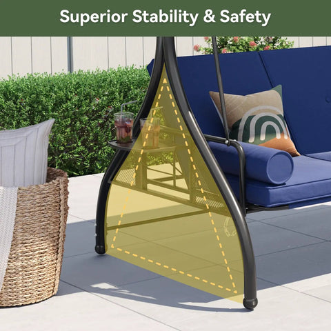 Outdoor Porch Swing With Stand And Canopy For Three Seats Adults Convertible 2 In 1 Swing Bed With Cup Holder