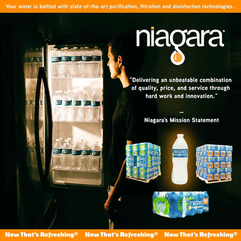 Person opening fridge with Purified Drinking Water Bulk Pallet Pack 1920 Bottles Of 16.9 Ounce Each In 48 Cases.