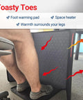 Under Desk Personal Space Heater For Home And Office, Quiet And Safe Electric Warmer With Thermostat And 9 Hour Auto Shutoff in use under desk, heating legs and feet, showing red heat arrows and black surface