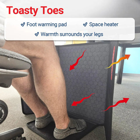 Under Desk Personal Space Heater For Home And Office, Quiet And Safe Electric Warmer With Thermostat And 9 Hour Auto Shutoff in use under desk, heating legs and feet, showing red heat arrows and black surface