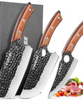 Three Piece Hand Forged Butcher Knife Set With Gift Box Includes Chef Knife Meat Cleaver And Viking Deboning Knife on display