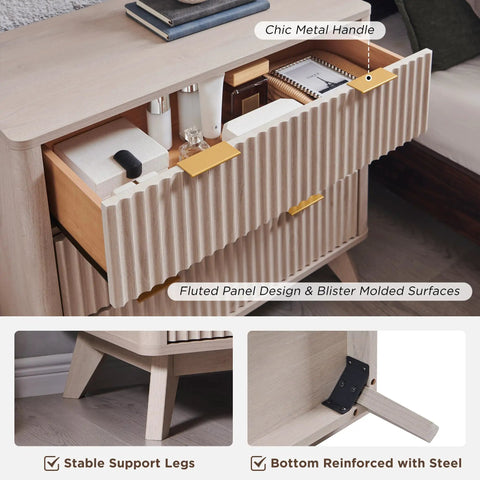 Chic metal handle and fluted panel design of set of two fluted nightstands featuring three spacious drawers and clean white alder finish.