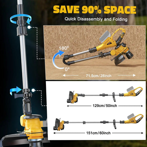 Cordless 3 In 1 String Trimmer Edger And Lawn Care Tool With Brushless Motor And Battery Level Display, 18 Inch Line, 20V Compatible, Battery Not Included, Charger Not Included, Yellow, showing adjustable length and folding capability