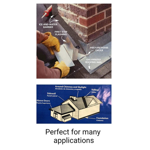 Diagram of Copper Roofing Flashing Roll 26 Gauge General Use Sheet Metal For DIYers Or Pros showing application around brick chimney.