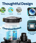 Heavy Duty Workhorse 2.0Hp Pool Pump features oversized basket design, clear lid, and dual voltage support for easy maintenance.