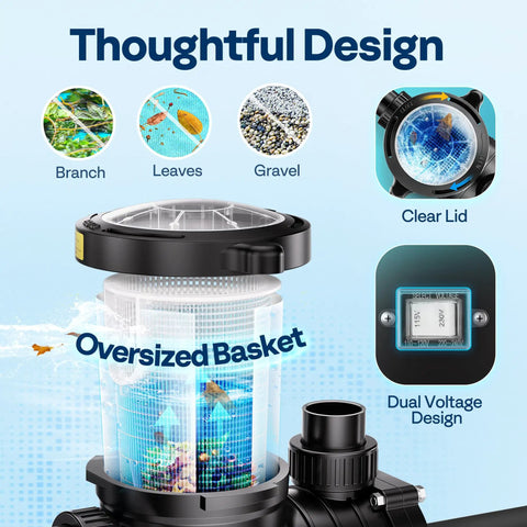 Heavy Duty Workhorse 2.0Hp Pool Pump features oversized basket design, clear lid, and dual voltage support for easy maintenance.