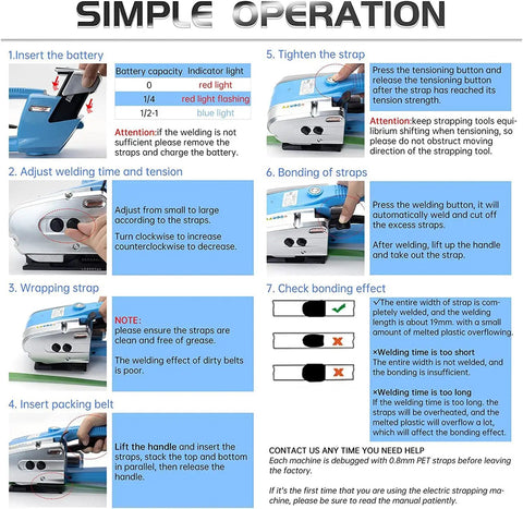 Diagram showing operation steps for Premium Automatic Welding Strapping Machine With 3000mAh Battery Cordless Electric Strapping Tool.