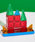 Travel Magnetic Construction Set With 26 MicroMAGS Tiles in a colorful block design on a blue storage tin.