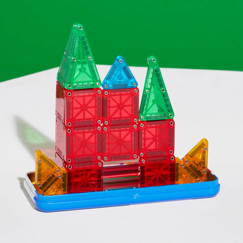 Travel Magnetic Construction Set With 26 MicroMAGS Tiles in a colorful block design on a blue storage tin.
