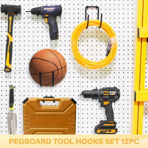 Heavy Duty Pegboard Hooks 12 Pack For Quarter Inch Peg Boards Black Tool Organizer Set For Garage, Workshop, Craft Room And Retail Spaces Keeps Tools Neat And Ready-To-Grab With Secure Fit