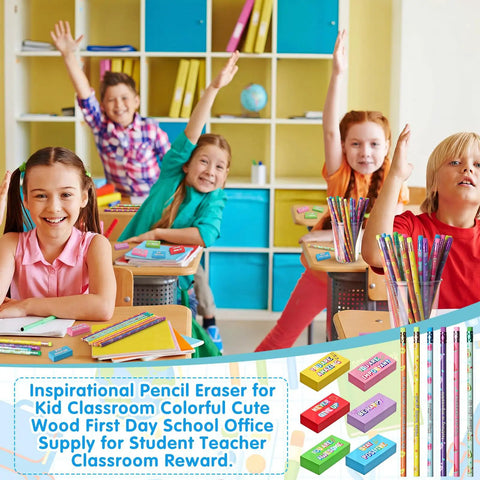 Back To School Gift Set 96 Pcs Pencil Eraser Pack For Kids Classroom Fun with colorful pencils and erasers on desks