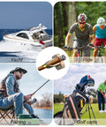 Magnetic Cigar Holder For Golf Cart With Velcro Mount, universal fit, showing use on yacht, bike ride, fishing, and golf carts.
