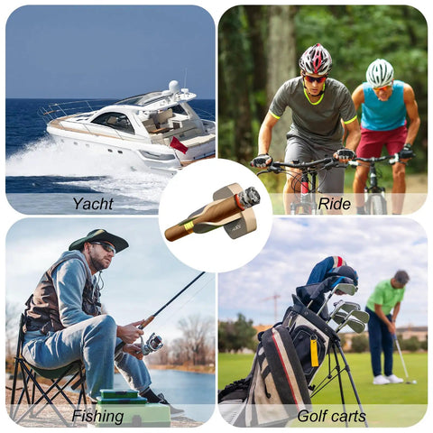 Magnetic Cigar Holder For Golf Cart With Velcro Mount, universal fit, showing use on yacht, bike ride, fishing, and golf carts.